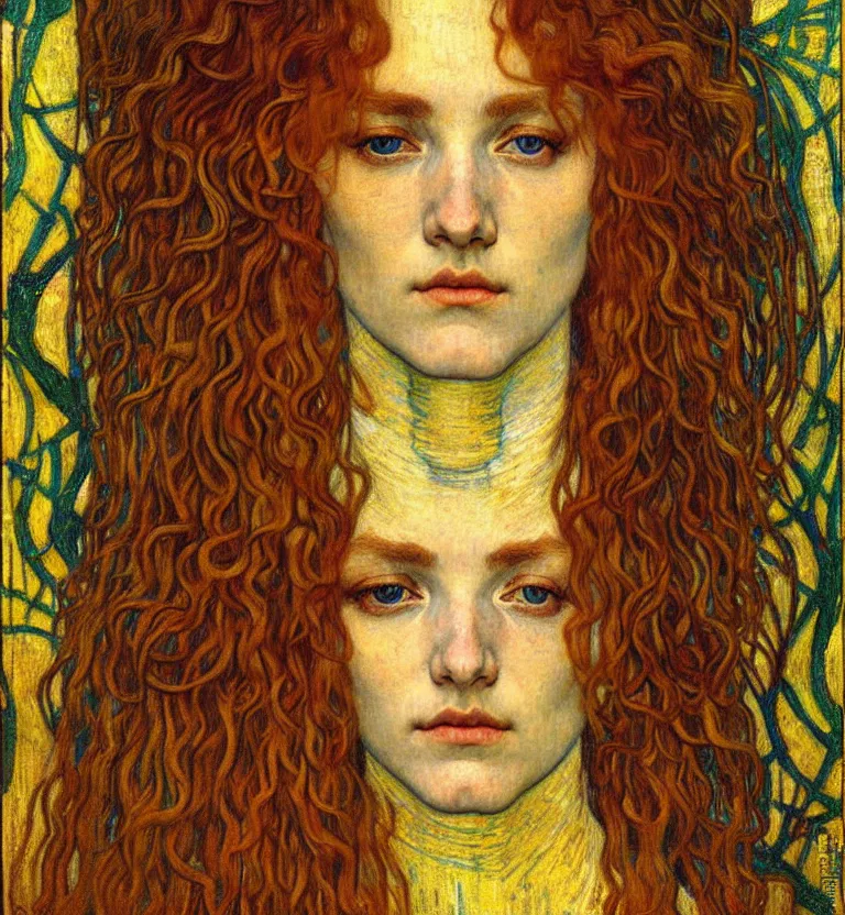 Image similar to detailed realistic beautiful young medieval queen face portrait by jean delville, gustav klimt and vincent van gogh, art nouveau, symbolist, visionary, gothic, pre - raphaelite, muted earthy colors, desaturated