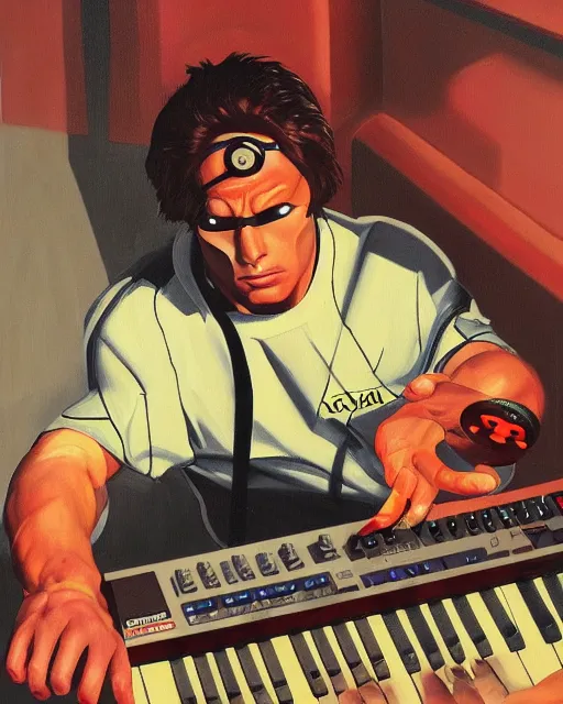 Image similar to cyclops (from x-men) playing an Akai MPC 2000XL, by Toni Toscani, oil on canvas