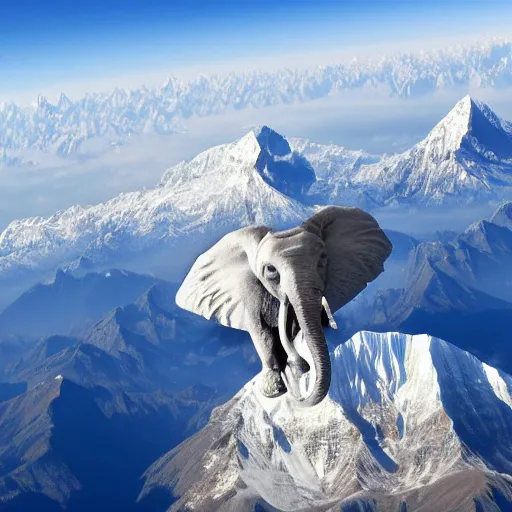 Prompt: a flying elephant using its ears as wings flying over mount everest, 4 k hd photography