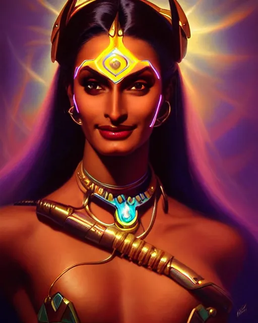Image similar to symmetra from overwatch, bust, fantasy, fantasy art, fantasy, colorful, elegant, character portrait, portrait, close up, highly detailed, intricate detail, amazing detail, sharp focus, vintage fantasy art, vintage sci - fi art, radiant light, caustics, by boris vallejo
