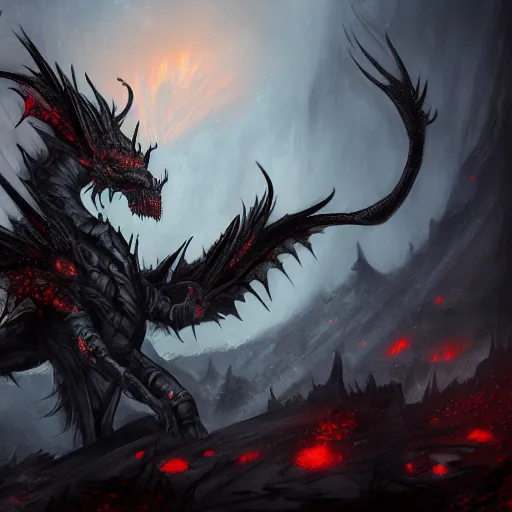 Image similar to dark fantasy concept of a vampire dragon god, with dark matter and molten armor on a mountain, cinematic, dynamic lighting, photorealistic, ultra detailed, trending on art station, stunning visuals, creative, hyper detailed