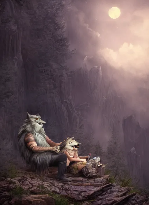 Image similar to a werewolf at night sitting next to a human child, fantasy art, matte painting, highly detailed