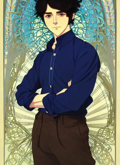 Image similar to handsome young man with short black hair, male, wearing a blue shirt, half body shot, path traced, highly detailed, high quality, digital painting, by studio ghibli and alphonse mucha, leesha hannigan, hidari, art nouveau, chiho aoshima, posuka demizu