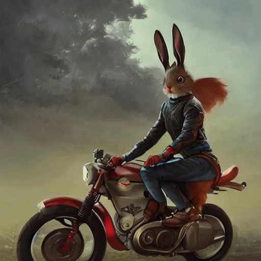 Image similar to bunny wearing a leather jacket riding a motorbike on a highway during sakura season on a blood moon, by peter mohrbacher, james jean, wlop, greg rutkowski, detailed - face!!!, rule of thirds, dynamic pose, action pose, beautiful landscape