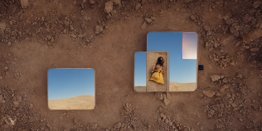 Image similar to levitating woman with full - face golden mask in a dry rocky desert landscape, visible sky and sunny atmosphere, fata morgana and giant square mirrors by alejandro jodorowsky, anamorphic lens, kodakchrome, practical effects, masterpiece, 8 k