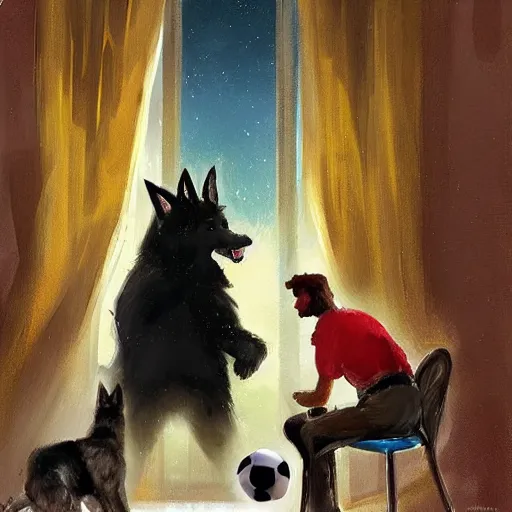 Image similar to a humanoid german shepherd beast - man, sitting and watching a soccer match in his house on television, he has hurt his knee and is a dad, by erin hanson, alexi zaitsev, karl spitzweg, award winning, tv set