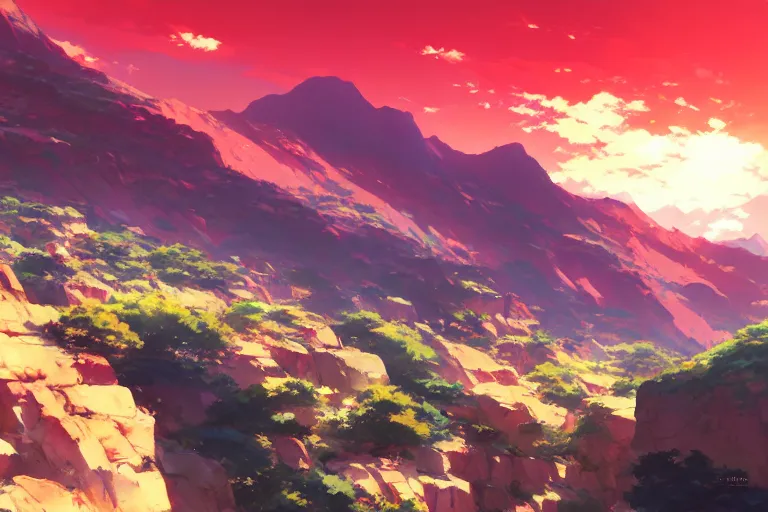 Prompt: red lush mountainscape, with two suns in the sky, two sunsets, by makoto shinkai an krenz cushart