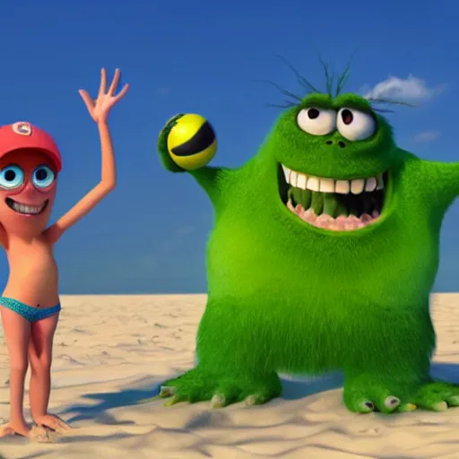 Image similar to Mike Wazowski and Sully playing beach volleyball, bikini, sandy beach,