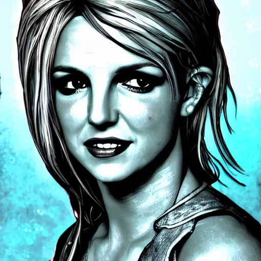 Image similar to britney spears portrait, borderlands, tales from the borderlands, the wolf among us, comic, cinematic lighting, studio quality, 8 k