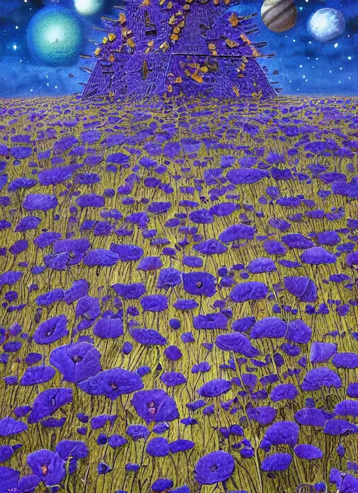 Image similar to detailed, intricate blue black and purple papaverum flower on the field, nebula, galaxy in the sky, winning award masterpiece, fantastically beautiful, illustration, aestheticly inspired, jacek yerka, upscale with anguissola sofonisba work, artstation, 8 k