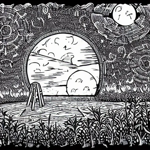 Image similar to a portal to another world, opened in the middle of the field mcbess style, color,