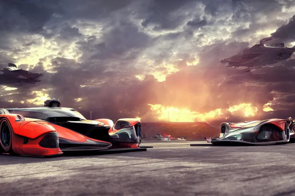 Image similar to Futuristic Hover Car Le Mans Races In Italy Circa Year 10,0000, Hover Vehicles Designed by Syd Mead and Pininfarina, beautiful sunset, photorealistic, hyperrealistic, octane render, HDR, IG Studios Anime Style