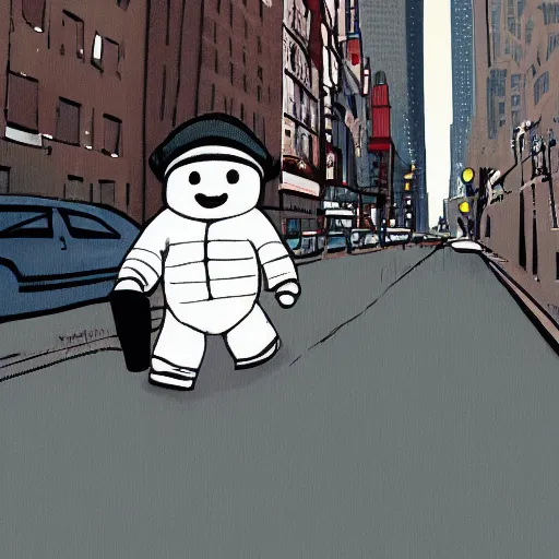 Image similar to the stay puff marshmallow man wearing timberland shoes and hat while smoking a joint and walking in new york city, digital art