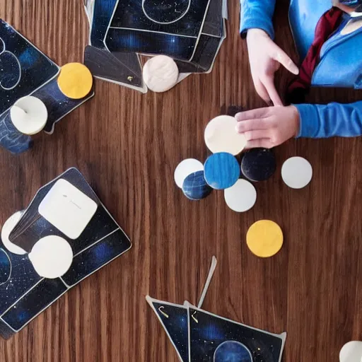 Image similar to overhead shot of an innovative space themed card game being played on a wooden table