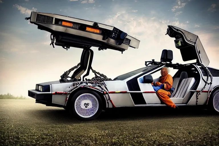 Prompt: doc brown working construction, building a delorean, back to the future, in the style of erik johansson