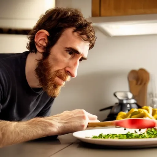 Image similar to picture of asmongold watching tv while cooking a meal, good lighted photo, sharp details, detailed, hd, hdr