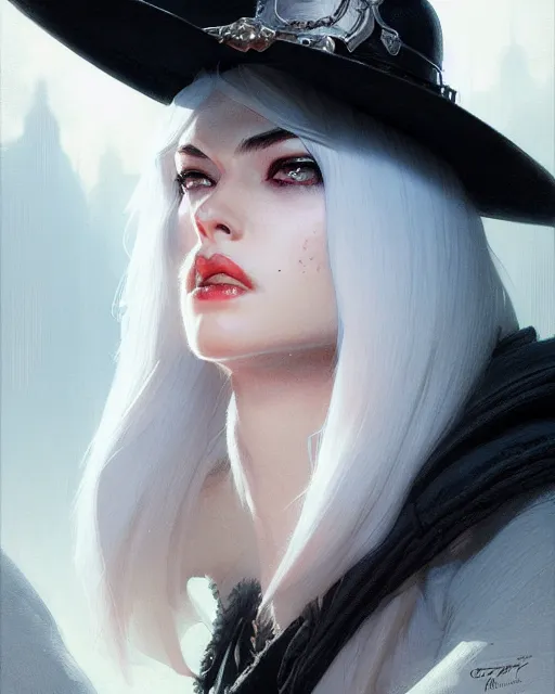 Image similar to ashe from overwatch, white hair, black hat, character portrait, portrait, close up, concept art, intricate details, highly detailed by greg rutkowski, michael whelan and gustave dore