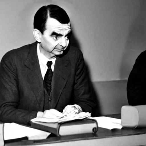 Image similar to mr bean sitting at the nuremberg trials being charged for war crimes