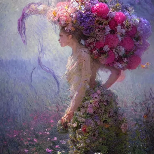 Prompt: a beautiful terrifying monster made of flowers. ethereal horror fantasy art by monet and greg rutkowski