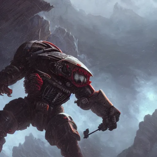 Image similar to A space marine fighting the Predator on top of a mountain, HD, cinematic, black clouds in the background, concept art, art by Leesha Hannigan and Greg Rutkowski, 8K, close up, incredibly high attention to detail, complex, good color blending, award winning artwork