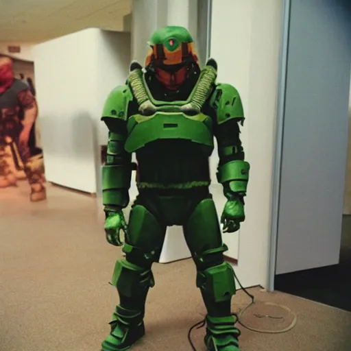 Prompt: doomguy from doom 2 0 1 6 cosplay, analog photography, 9 0 s