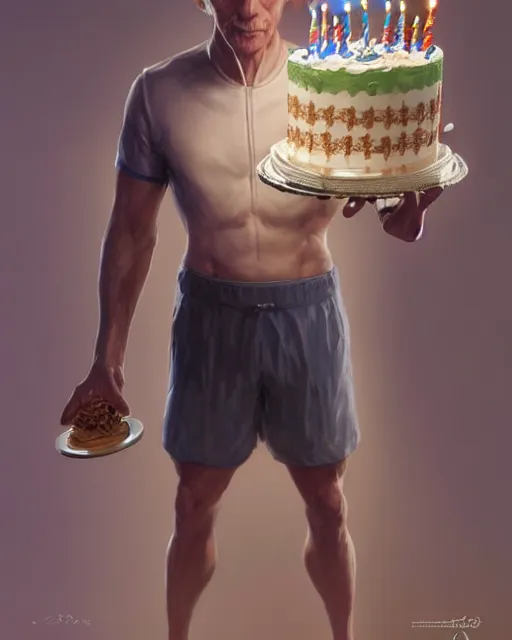 Prompt: portrait of a short man wearing glasses & cycling shorts holding a birthday cake, elegant, real life skin, intricate, high detailed, artstation, concept art, smooth, sharp focus, art by artgerm and greg rutkowski