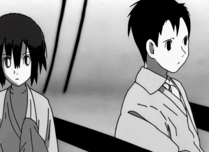 Prompt: black and white anime screenshot from studio ghibli's schindler's list