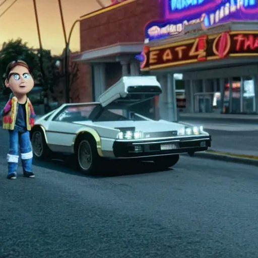 Image similar to a high quality 4k still frame from the 2023 Pixar animated remake of back to the future