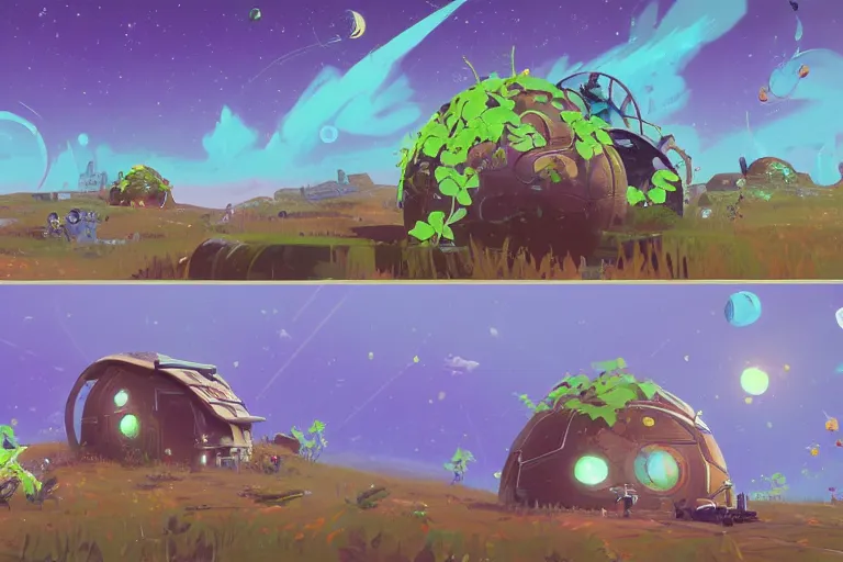 Prompt: detailed game art, a small planet in the future, a Tinker's shack on a barren planet, wild berry vines, a berry farm, space junk, volcanoes, in the style of No Man's Sky and Breath of the Wild