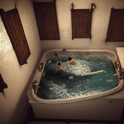 Image similar to in a bathroom looking down at a bath tub full of water with a pirate ship battle in the tub, highly detailed, cinematic lighting, render, fantasy