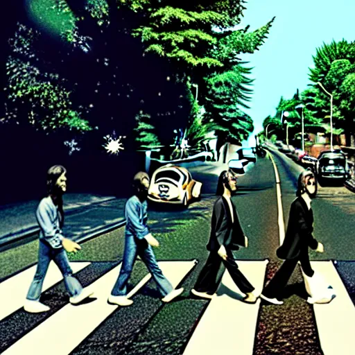 Image similar to beatles crossing abbey road at disneyland, hyper detailed, dramatic lighting, cgsociety, realistic, hyper detailed, insane details, intricate, dramatic lighting, hypermaximalist, golden ratio, rule of thirds, octane render, weta digital, micro details, ultra wide angle, artstation trending, 8 k,