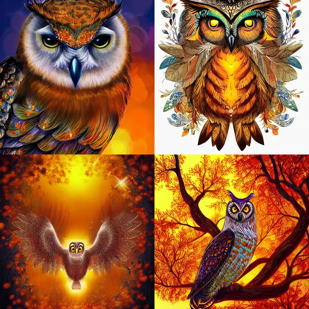 Prompt: radiant owl, glowing amber, autumn colors, highly detailed, digital art, sharp focus, trending on art station