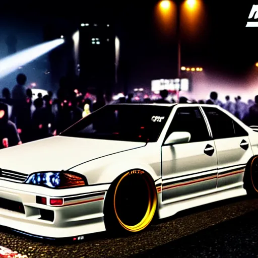 Image similar to a car JZX90 twin turbo drift at illegal car meet, Shibuya prefecture, city midnight mist lights, cinematic lighting, photorealistic, highly detailed wheels, high detail