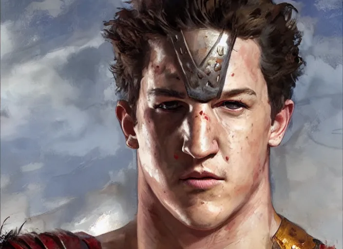 Image similar to a highly detailed beautiful portrait of miles teller as kratos, by gregory manchess, james gurney, james jean