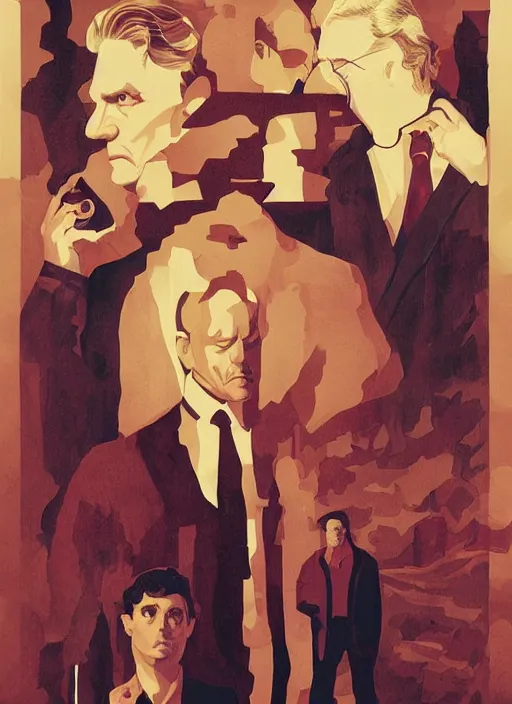 Image similar to Twin Peaks poster artwork by Michael Whelan, Bob Larkin and Tomer Hanuka, Karol Bak of portrait of Hugh Dancy & Mads Mikkelsen arm around each other, chaperone supervising the school dance, from scene from Twin Peaks, simple illustration, domestic, nostalgic, from scene from Twin Peaks, clean