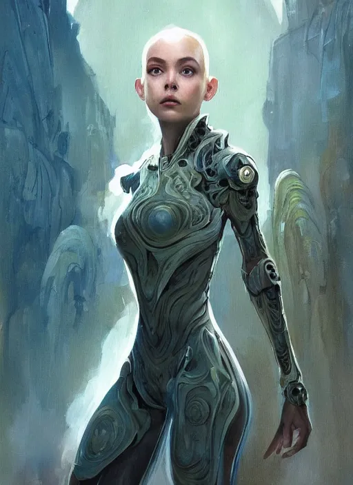 Image similar to a professional painting of a beautiful young female alien, clothed in ethereal armor, olive skin, long dark hair, beautiful bone structure, symmetrical facial features, intricate, elegant, digital painting, concept art, smooth, sharp focus, illustration, from Valerian and the City of a Thousand Planets, by Ruan Jia and Mandy Jurgens and Artgerm and William-Adolphe Bouguerea