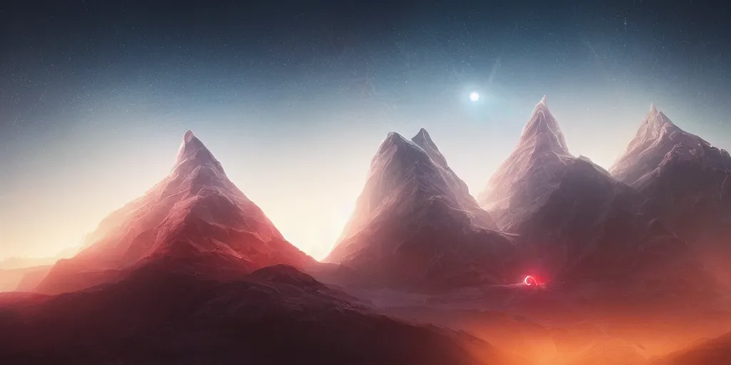 Image similar to radar peak in the three body problem, movie scene designed, muted colours, concept art, digital art, nighttime, futuristic, volumetric lighting, view from below, vivid colours, nighttime, godrays, cinematic, high detail