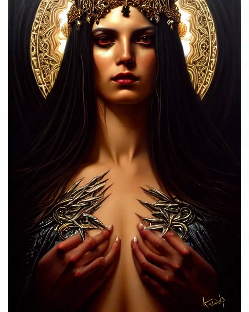 Image similar to portrait of a beautiful goddess, enigmatic beauty, dominant shades of black, gold, silver, dark red, white, head in focus, fantasy art, ornamental aesthetics, intricate, elegant, highly detailed, hyperrealistic painting, artstation, concept art, painterly, sharp focus, illustration, art by karol bak