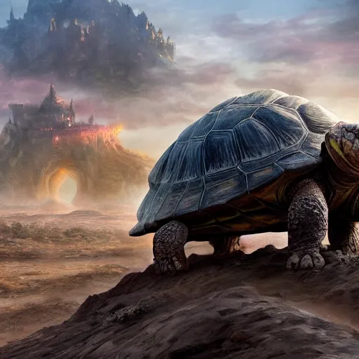 Prompt: gargantuan tortoise with a large fantasy castle armor walking through a sandy wasteland, howls moving castle, mortal engines, mid - distant shot centered birds eye view, fantasy, hyper detailed, 4 k