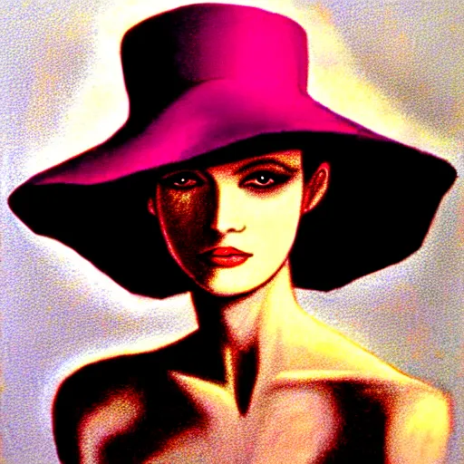 Image similar to drawing portrait of beautiful gorgeous woman with hat by Moebius science fiction