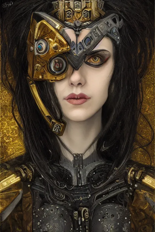 Image similar to portrait of beautiful gothic Alexandra Daddario, cyberpunk, Warhammer, highly detailed, artstation, illustration, art by Gustav Klimt