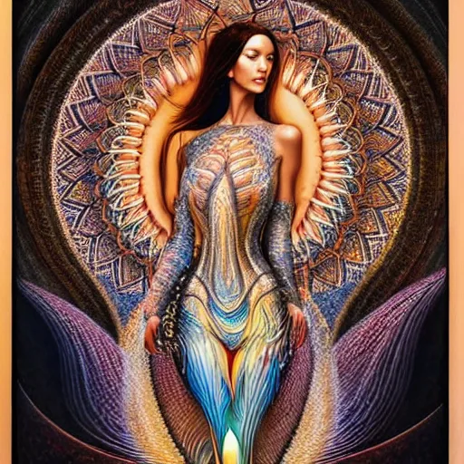 Prompt: Bella Hadid by Alex Grey and Karol Bak