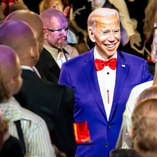 Prompt: A grand circus with Joe Biden in the middle wearing clown costume and colorful clown makeup