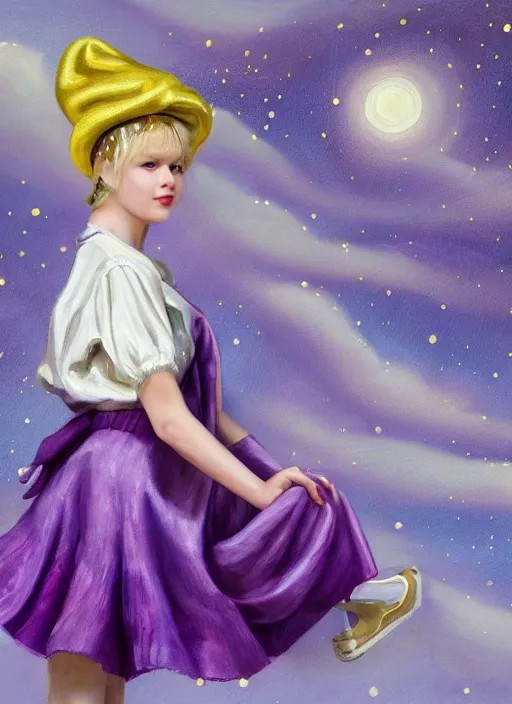 Image similar to A painting of a beautiful and mysterious young girl with short blond hair wearing an oversized purple Beret, Baggy Purple overall shorts, Short Puffy pants made of silk, silk shoes, a big billowy scarf, Golden Ribbon, and white leggings Covered in stars. Short Hair. Sunlit. Haute Couture. Dreamlike. Cloudscape. Fantasy Illustration. Art by william-adolphe bouguereau and Alexandre Cabanel and Anna Dittmann and WLOP and Artgerm and Johannes Helgeson. Smooth. Elegant. Highly Detailed. Intricate. Realistic fantasy illustration. 4K. UHD. Denoise.