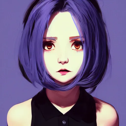 Image similar to ilya kuvshinov with long sky blue hair, gold eyes, amber eyes, boyish face, professional digital painting, wild brush strokes, concept art, award - winning photography, cinematic, black background, black shirt, crazy, yandere, wlop, color block, pop, hip, art by andy warhol, pixiv art, yoshitaka amano