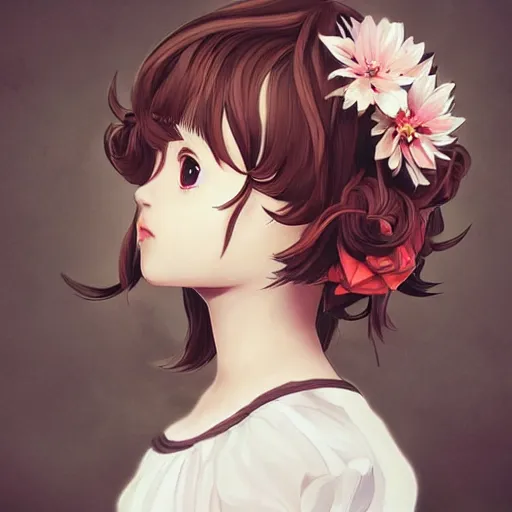 Image similar to little girl with flowers in hair wearing an white dress, art by ilya kuvshinov, profile picture, inspired in hirohiko araki, realistic, highly detailed, anime face