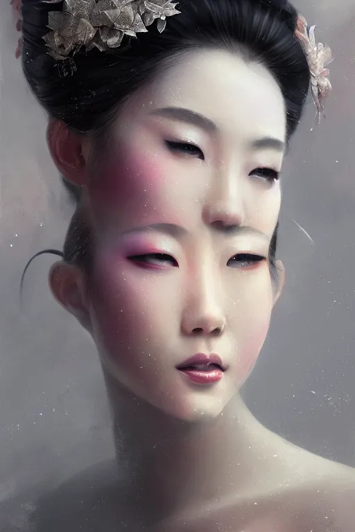 Image similar to geisha prima ballerina, gorgeous, ethereal, close-up portrait, intricate, elegant, volumetric lighting, scenery, digital painting, highly detailed, artstation, sharp focus, illustration, concept art, ruan jia, steve mccurry