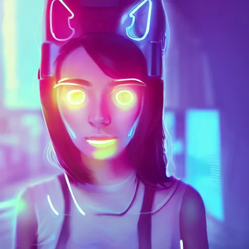 Image similar to cute young woman with robot ears and eyes, 4k, sharp focus, neon colored fluorescent lighting, jordan grimmer