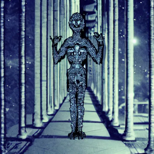 Prompt: ominous dark glitching humanoid apparition standing in a park late at night, full body image, hyper realism, symmetrical, highly ornate intricate details, very sharp photo,