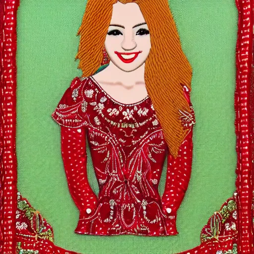 Image similar to Highly detailed embroidery design of a beautiful young woman with red hair, smiling by Disney, Thread material, Fabric material, gold details, Emerald insets, Golden thread, golden details, intricate details, intricate patterns 4k, 8k, HDR